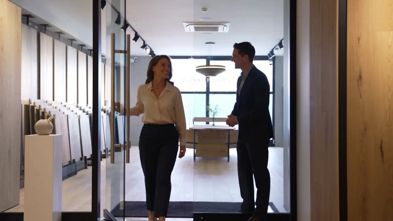 Dos personas entrando a un showroom de pisos con muestras de madera en exhibición